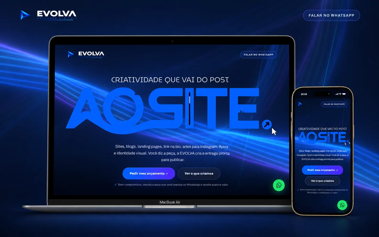Mockup do site da Evolva - Soluções Digitais em MacBook e iPhone