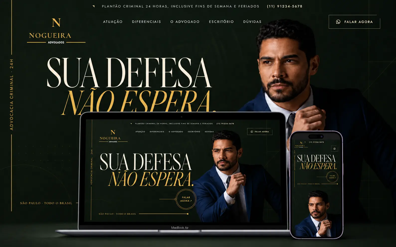 Mockup do template de advocacia em MacBook e iPhone